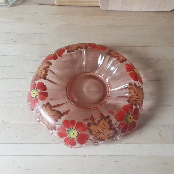 Pink Depression Glass Rolled Edge Console Bowl. Handpainted Flowers & Leaves - Picture 1 of 5